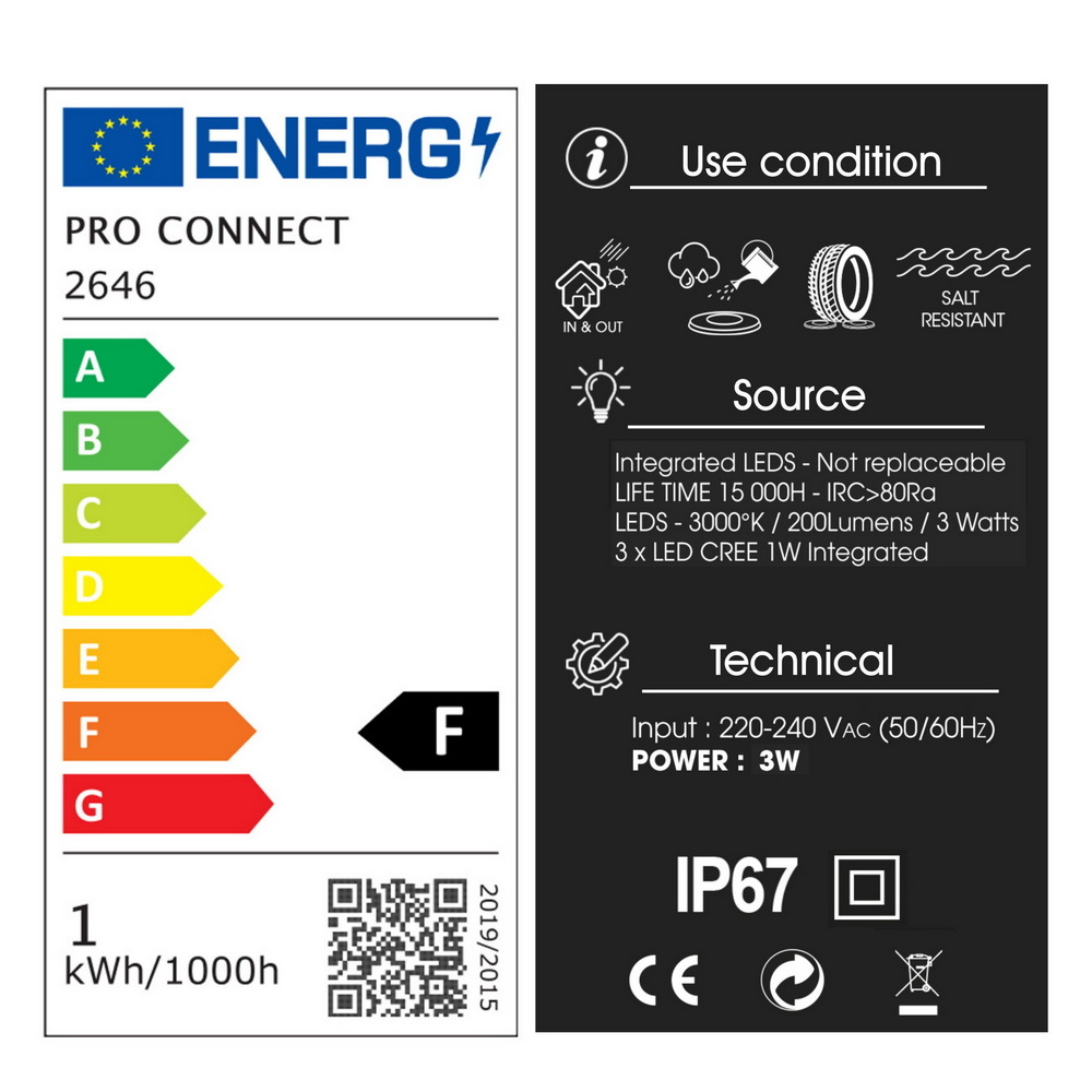 2646-D402 - Encastré béton Ø 52mm 3W 3000°K - Top INOX 2 fenêtres