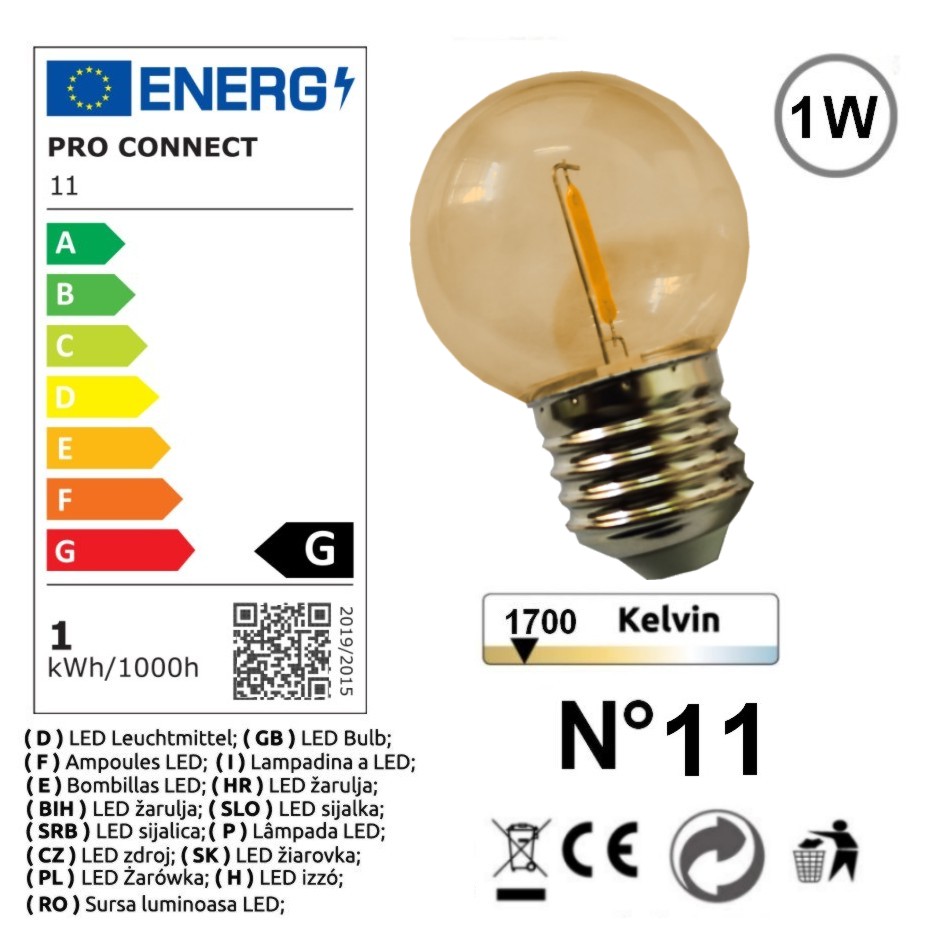 G11x6 - 6 Amp. Incassable E27/G55 Fil. LED 1W 1700K - Antic (Soit 2.95€/pc)