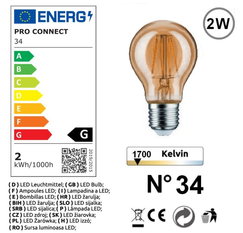 G34 - Amp. E27/A60 2W 1700K - Antic