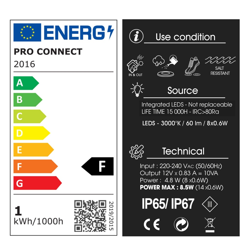 2016 - Kit 8 mini spot encastré bois Ø3,5cm + Trsf 12V