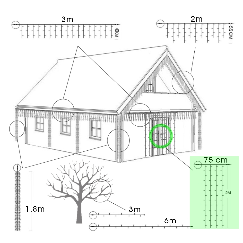 9552 - EXTENSION - Rideau long 60 LEDS (Flash) - Larg. 0,75m x Ht 200cm - Fil Noir - Blanc Chaud 4000°K