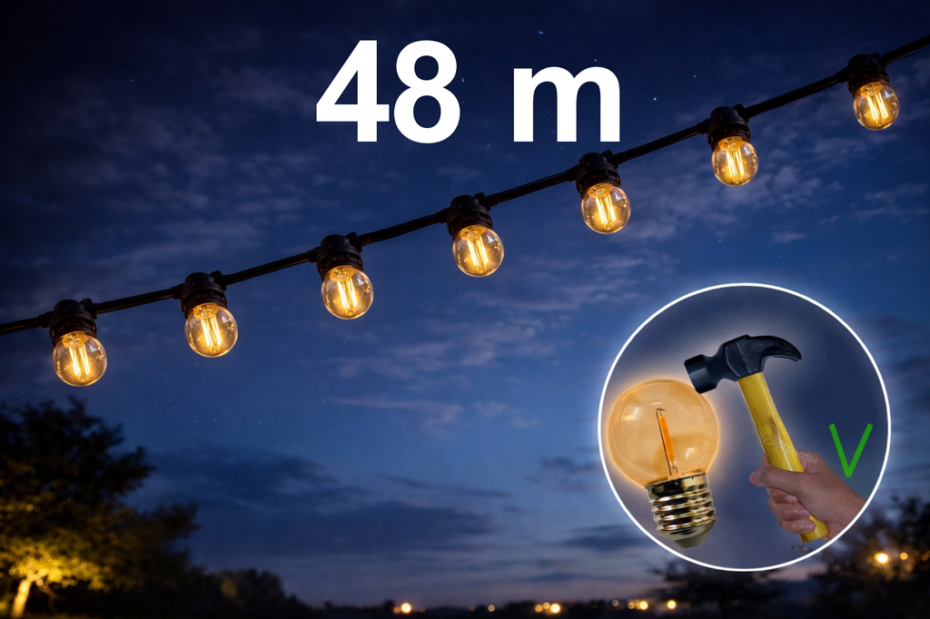 Guirlande 48m TEMPEST (Ampoules incassables) 96xE27/G45 LED 1W - 1700K