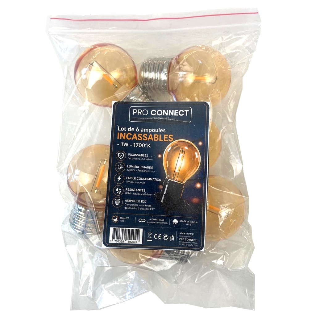 6 Ampoules Incassable TEMPEST E27/G55 Fil. LED 1W 1700K - Antic (Soit 2.95€/pc)
