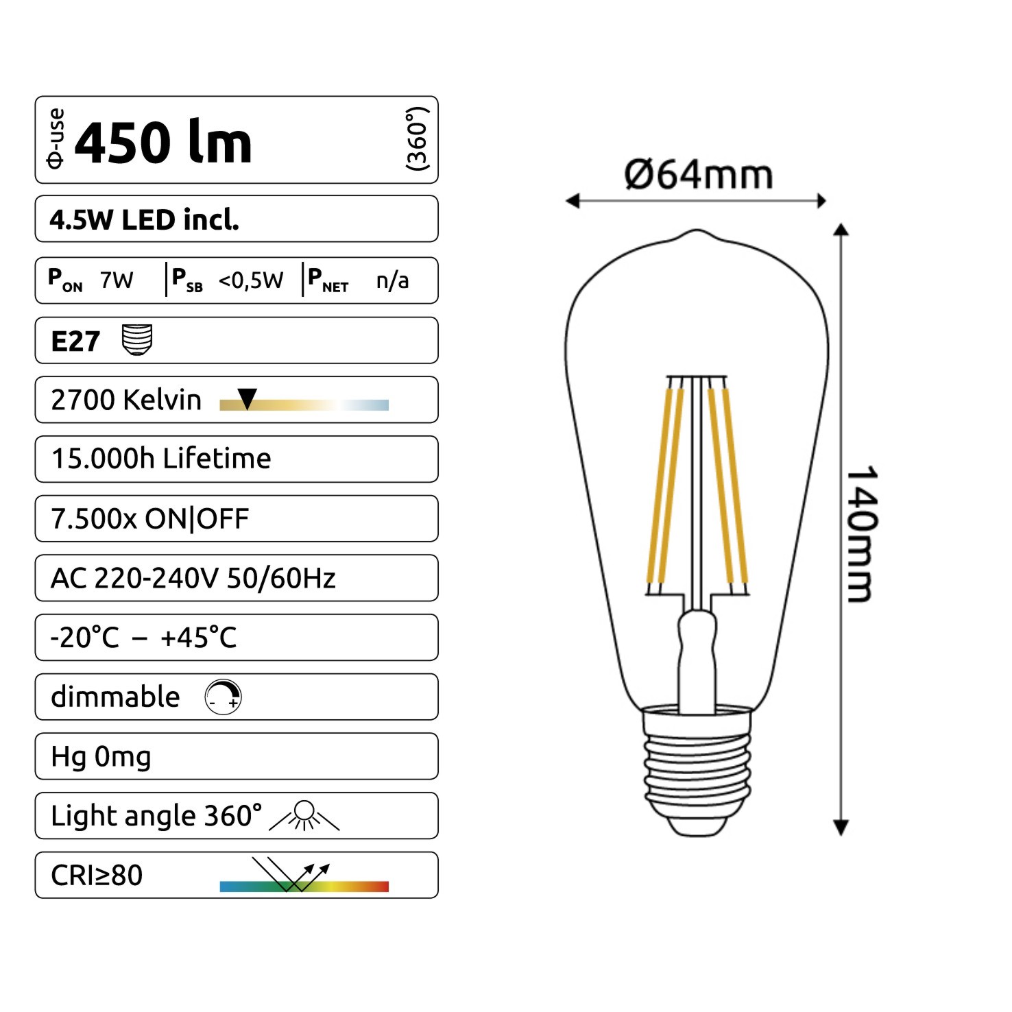 [C720] C720 - E27/ST64 -4,5W - 450 lm - Dim. -2700°K - Milky